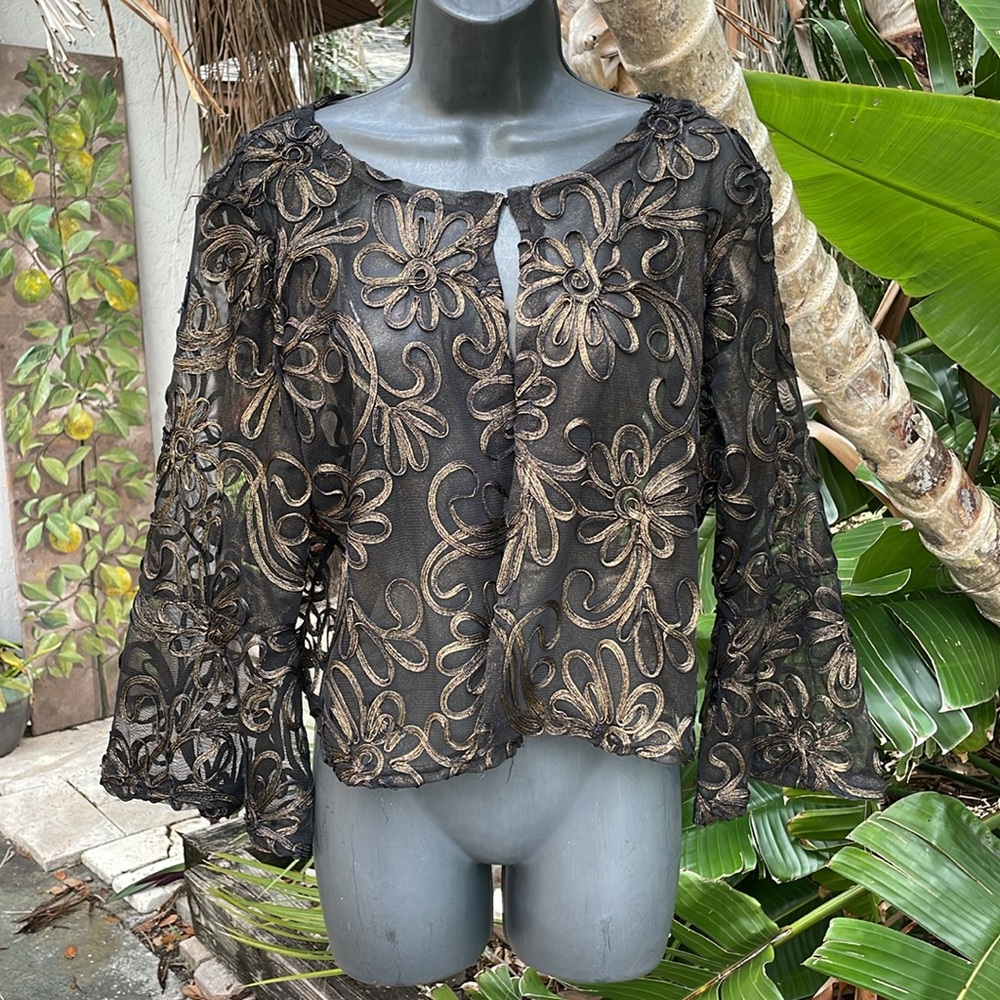 Nina Leonard, sheer floral metallic bronze, crop jacket